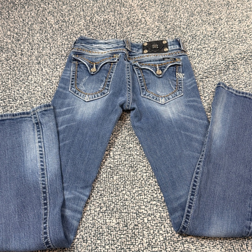 Miss Me JPW5018 Bootcut Jeans Medium Wash Embellished Flap Pockets Size 28
